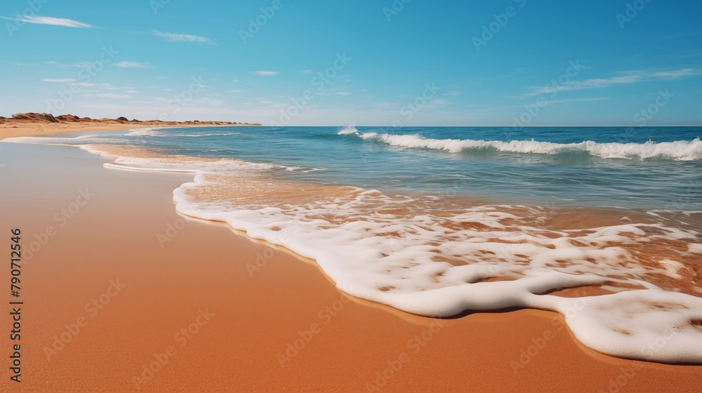 Serenity at the Coast: A View of Gentle Waves and Pristine Sandy Beach Under a Clear Blue Sky