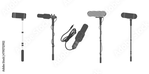 Monochrome Various Boom Mic Vector with Pole Stand Shotgun for Audio Recording, Film Making, Broadcasting, Multimedia