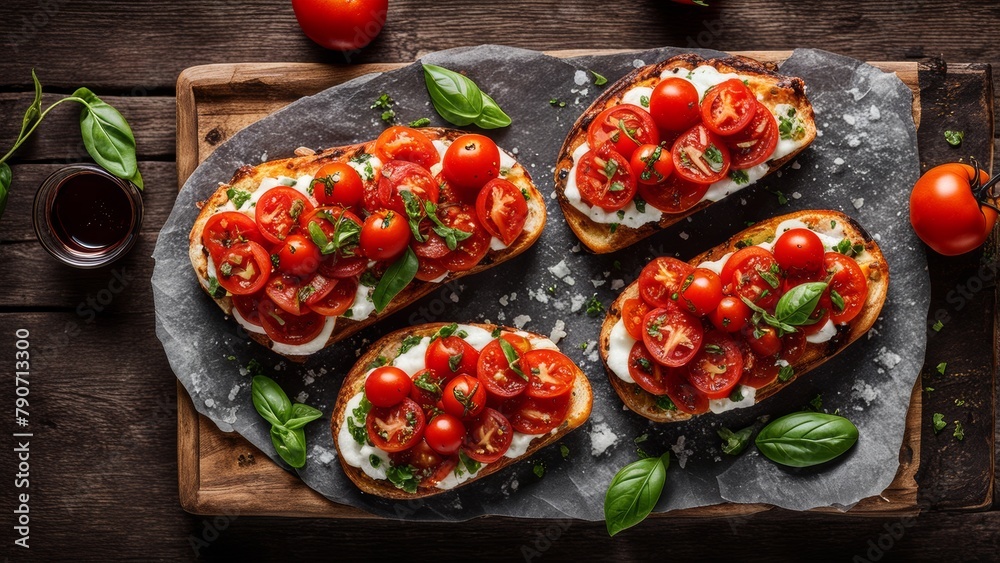 Italian bruschetta with tomatoes in a rustic style.