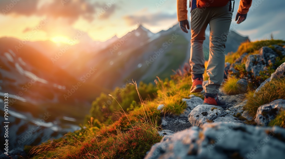 Evening Trek in the Mountains Close-Up of Hiker's Boots on Rocky Path with Sunset Over Alpine Peaks Evening Trek in the Mountains Close-Up of Hiker's Boots on Rocky Path with Sunset Over Alpine Peaks