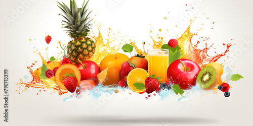 Assortment of Fresh fruits mixed. Tasty fruits background. Fresh fruits. Wide banner. Colorful Fruit Juice Splashes Set Against a Crisp White Background, Featuring an Array of Ripe Tropical Fruits 