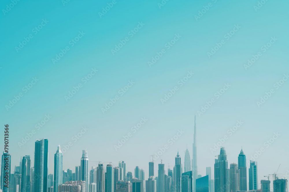 Dubai panorama. A skyline of skyscrapers against an azure sky with green natural landscape. Generative AI