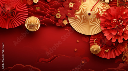 Happy Chinese new year 2024. Chinese new year banner with circle for show product. Greeting card. China frame with lantern on red background.  © Malik