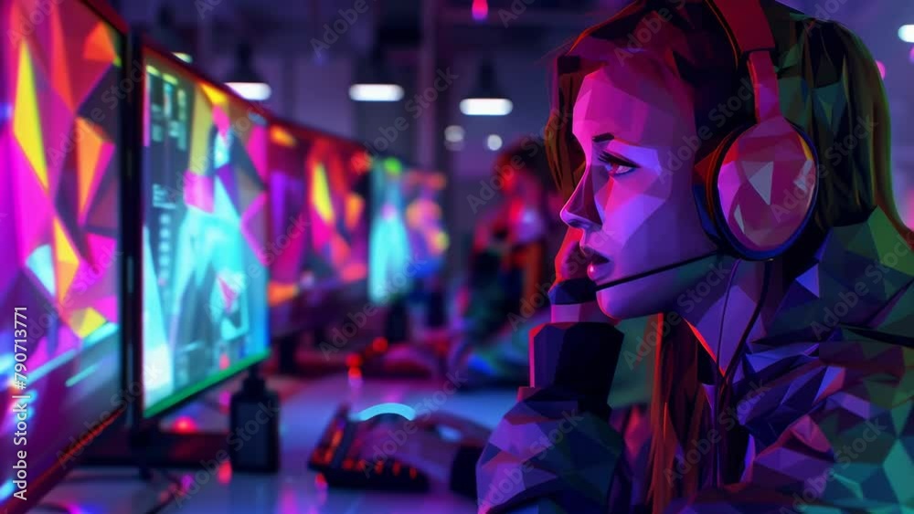 Digital art depicting a late night programming scene. Immersed in an ...