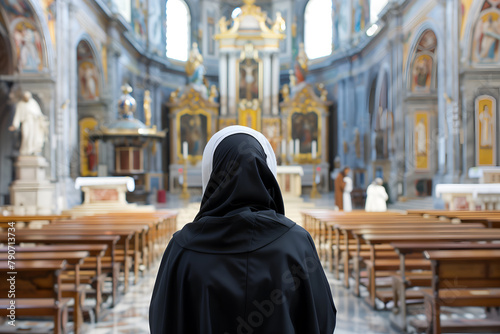 Back view of a beautiful caucasian nun in black habit praying in the church