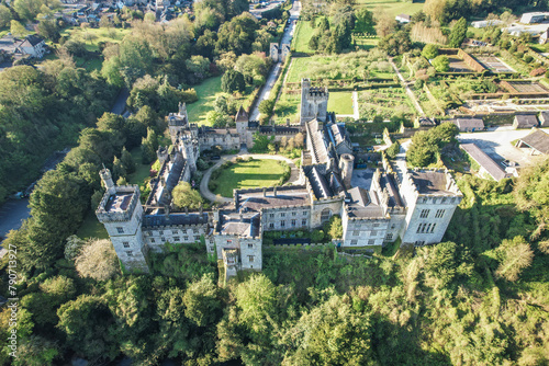 Behold Lismore Castle in County Waterford, Ireland, as if viewed through the eyes of an eagle, capturing every intricate detail of its historic grandeur from above