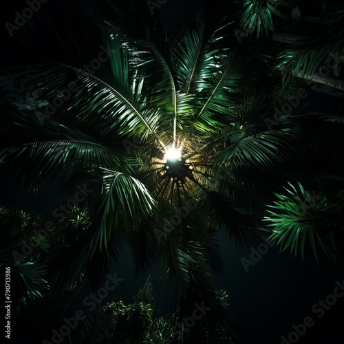 illustration of night photography looking down at a palm tree from  Generative ai