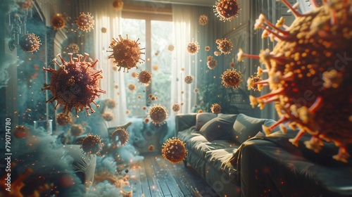 A 3D rendering of a living room with a large window. The room is filled with floating viruses. The viruses are red and orange and have a spiky appearance. The walls are white and the floor is brown. photo