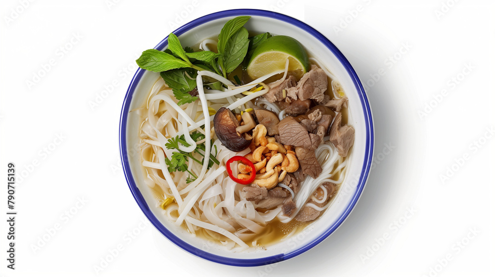 A mouthwatering bowl of Vietnamese Pho Bo takes center stage, served in a classic white bowl with a blue rim. The aromatic broth, rich with flavors of beef and spices, glistens invitingly A mouthwatering bowl of Vietnamese Pho Bo takes center stage, served in a classic white bowl with a blue rim. The aromatic broth, rich with flavors of beef and spices, glistens invitingly