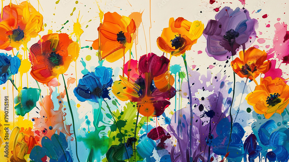 Bold splashes of color blend seamlessly to depict abstract flowers in full bloom on canvas.