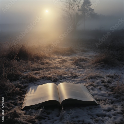 An Open Book in a Mystical Misty Landscape illuminated by the Morning Sun photo