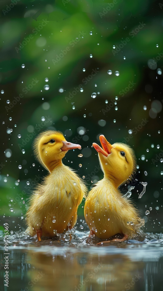 Two cute ducklings are playing in the rain. Two cute ducklings are playing in the rain.