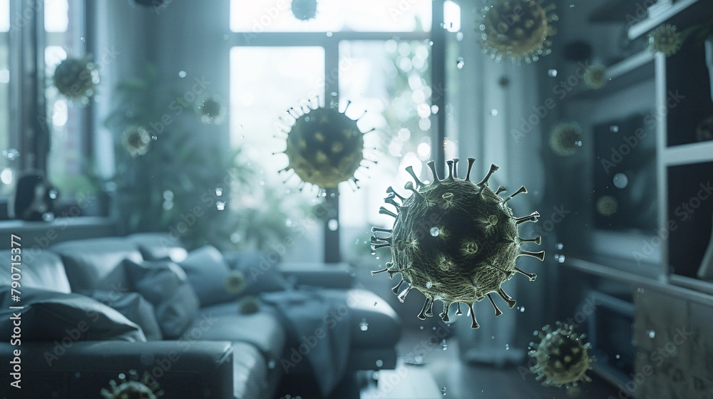 Viruses in the air and spread in livingroom - obrazy, fototapety, plakaty 