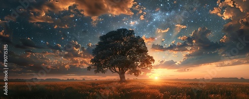 A beautiful landscape image of a large tree in a field of flowers under a starry night sky. © Timaren