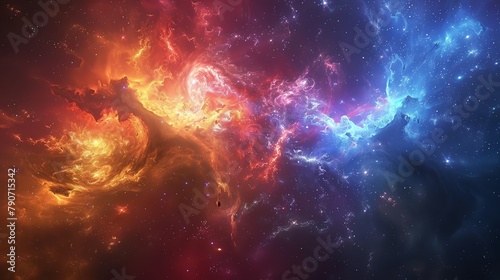 A beautiful space nebula with vibrant red, orange, blue, and purple colors. photo