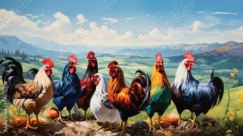 A group of seven roosters of different breeds standing in a grassy field, in front of a hill and mountains in the distance. photo