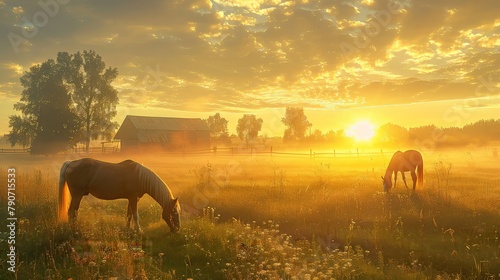 Two horses grazing in a foggy field at sunrise