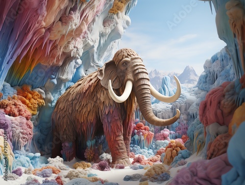 A mammoth standing in a cave. The mammoth is covered in colorful fur. The cave is filled with colorful crystals.