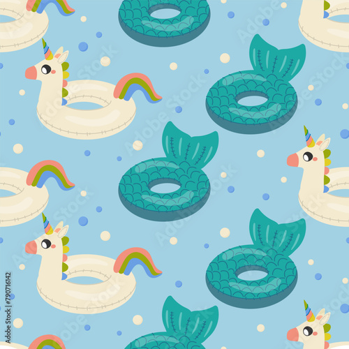 Seamless pattern, unicorn shaped swim lap and mermaid tail children's inflatable