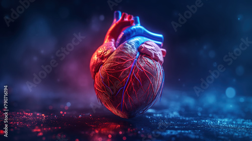 Vibrant Human Heart Model with Illuminated Arteries on Dark Background