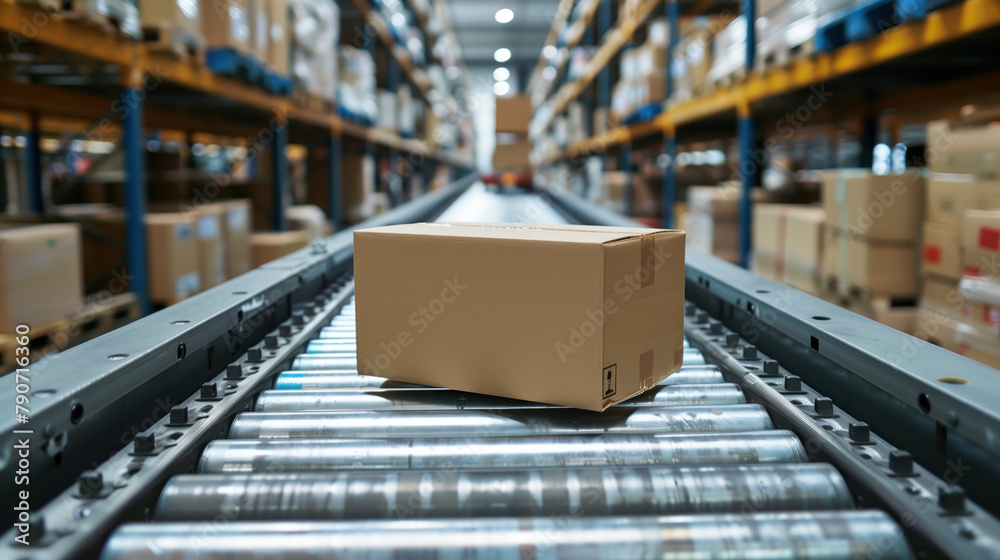 Cardboard box moving on conveyor belt in warehouse. Cardboard box moving on conveyor belt in warehouse.