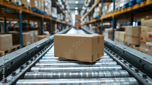 Cardboard box moving on conveyor belt in warehouse.