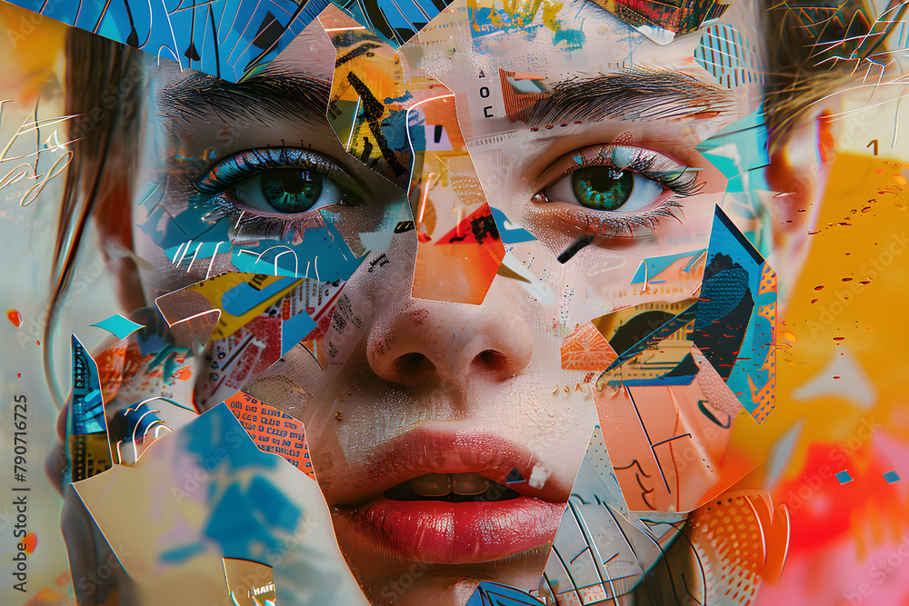 Fashionable Generative AI illustration image female facial collage many colorful elements trend puzzle