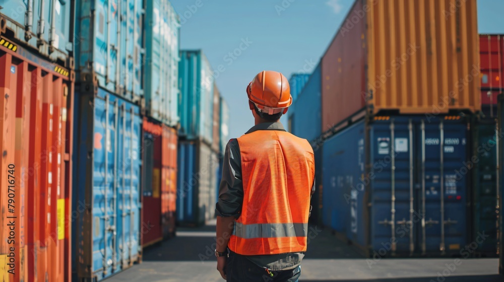 A male worker in a safety vest and helmet stands facing colorful shipping containers in a freight terminal. A male worker in a safety vest and helmet stands facing colorful shipping containers in a freight terminal.