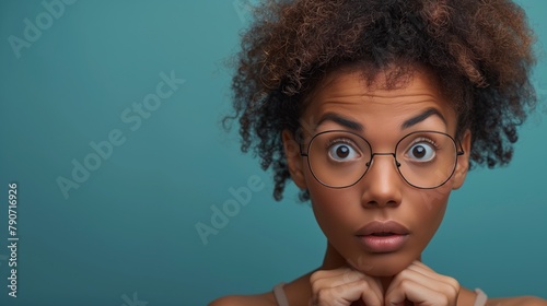 Portrait of attractive unsure girly awkward girl, dont know reaction oops isolated background. photo