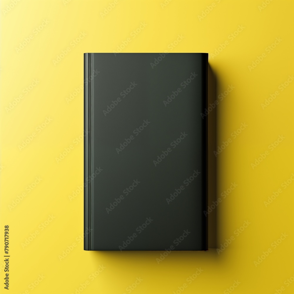 Top view of a closed black hardcover book on a yellow background Top view of a closed black hardcover book on a yellow background