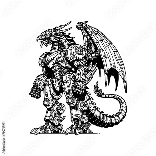 robot dragon form with mechanical body part armory with wings black outline detail vector art illustration