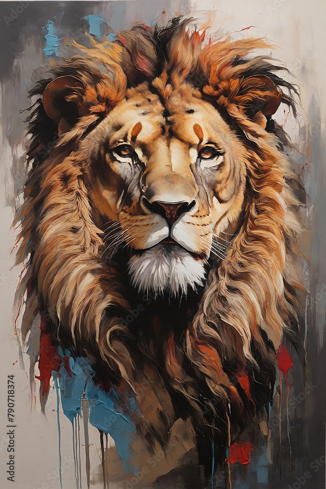 Portrait of a lion with a colorful background. Digital painting.