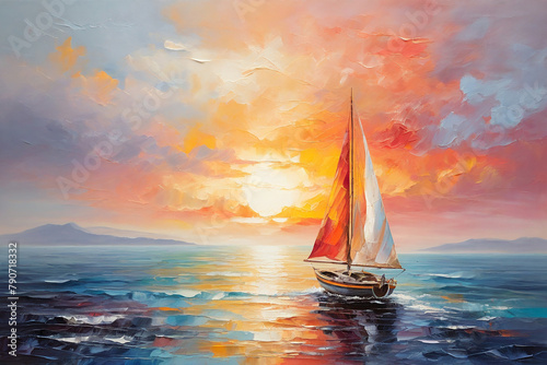 Sailing boat on the sea at sunset. Oil painting on canvas. photo