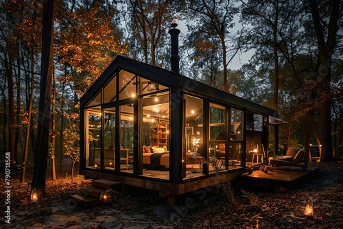 Luxury Glass lodge at glamping at night in the forest. a glass cabin or cottage in the woods for glamping at night
