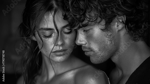 Black and white photo capturing a candid, intimate moment between a couple, with a focus on their expressions and closeness