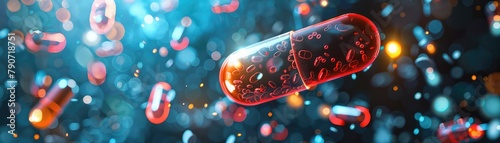 A close-up of a red and blue pill with a glowing aura. photo