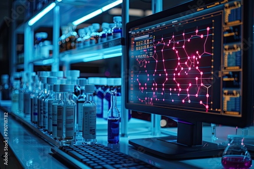 A laboratory with a computer showing a molecular structure on the screen.
