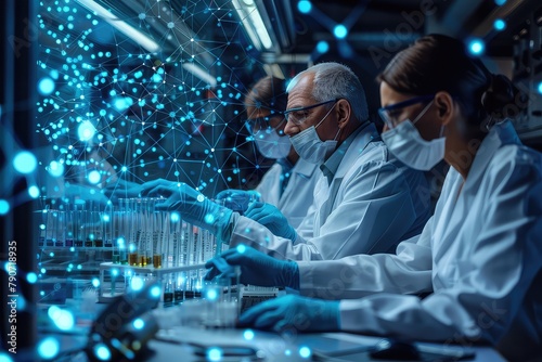 Scientists working in a lab with glowing blue test tubes and a digital interface.