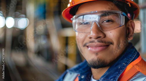 meeting team of a young Hispanic engineer wearing a hard hat and safety glasses, smiling talking with worker