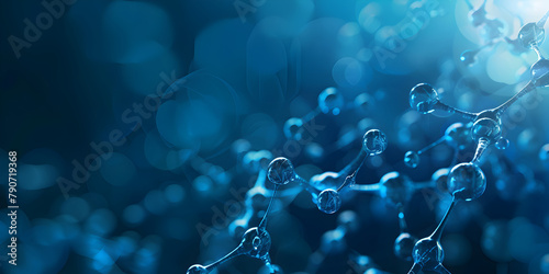 Molecular liquid structure on blue background, Blue molecule atoms structures on blue liquid serum background Science Molecular water drop ,Group of Floating Bubbles in the Air 
  photo