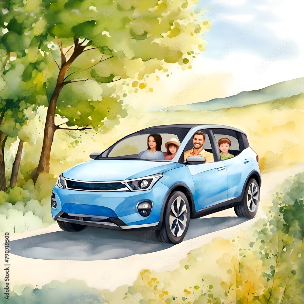 watercolor illustration of a family traveling in a car to relax in nature