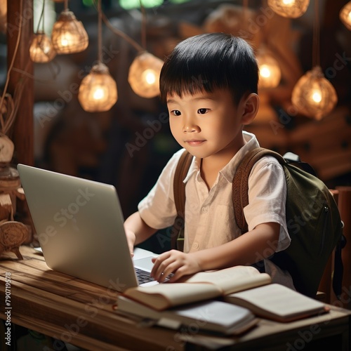 A young boy happily using a laptop at his desk for fun