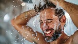 Man joyfully shampooing his hair in the shower