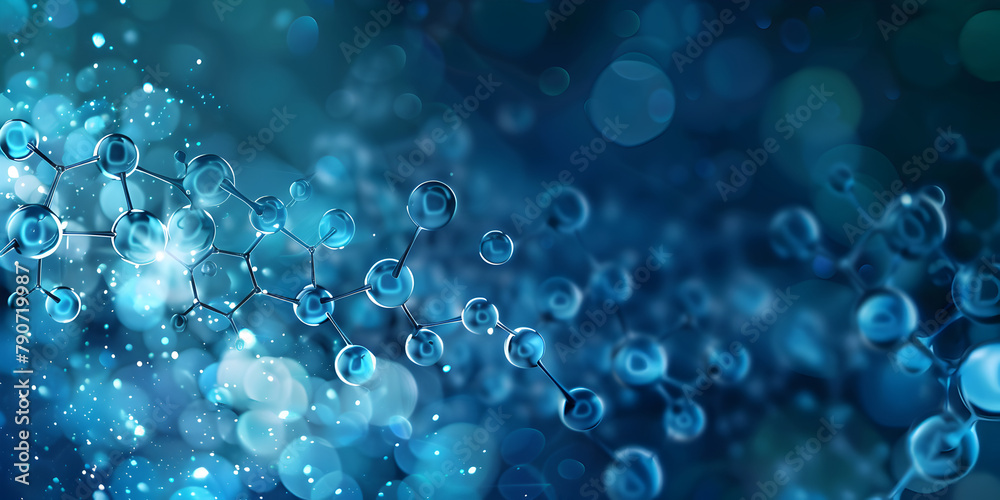 Molecule Floating In a Blurred blue Background for medical health care concept background , Molecular liquid structure on blue background
 
 