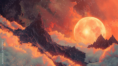 Abstract Cosmic Landscape with Orange Moon and Mountains