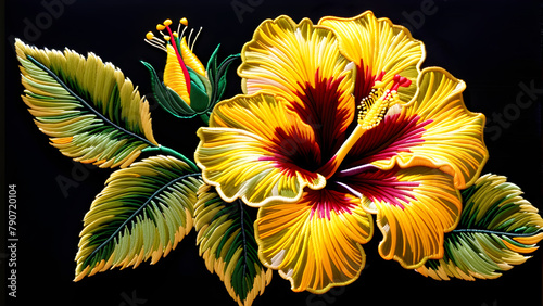 Radiant Yellow Hibiscus on Dark Embroidery Background, Intricately Stitched Vibrant Design, Bold Contrast: Blooms on Black Canvas, Stunning Embroidery Art on Fabric(Generative AI)