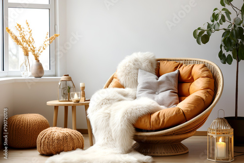 Fur throw on papasan chair against window. Scandinavian, hygge interior design of modern living room, home. photo