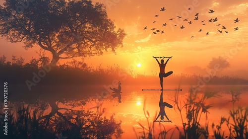 A girl doing yoga in a tranquil park at sunrise, pixel birds in the sky photo