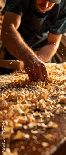 A man is working on a project with wood shavings on the table