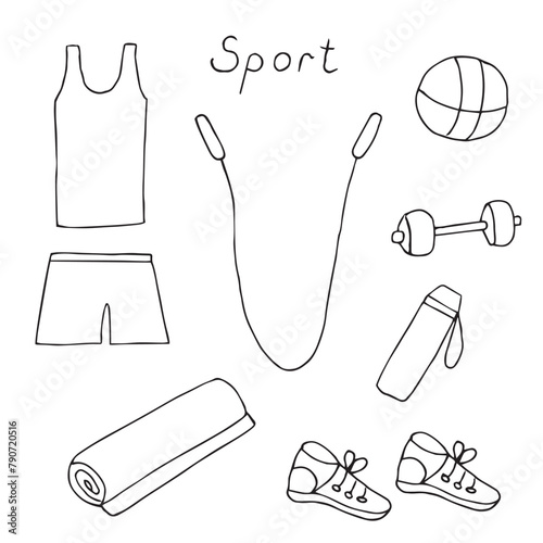 Sports and equipment set, vector illustration, hand drawing, doodles